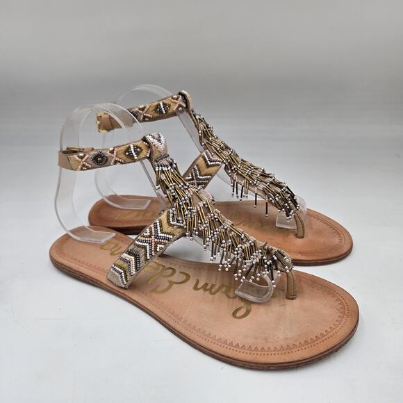 Sam Edelman Anella Leather Beaded Fringe Thong Sandals Size 8.5 Boho T Strap - Picture 1 of 6